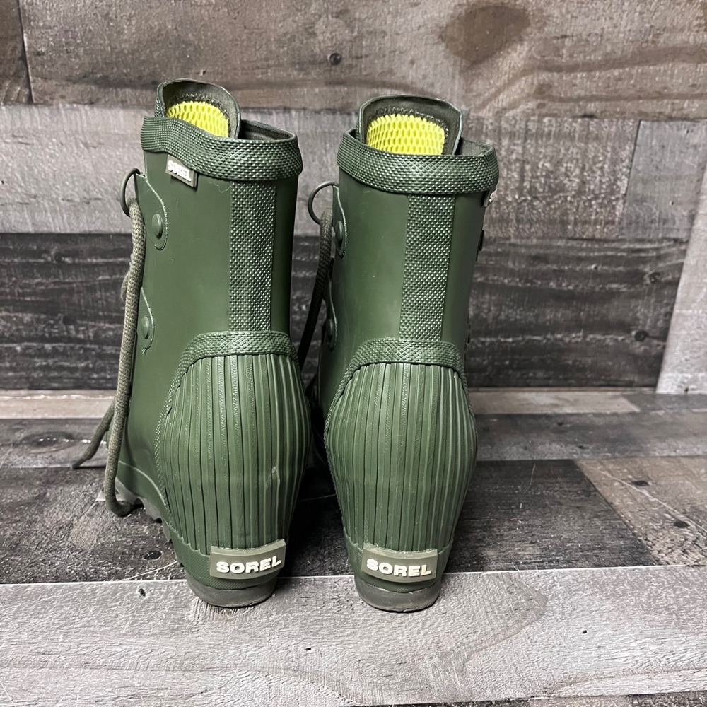 Sorel Joan of Arctic Wedge Rain Boots Olive Green Rubber Lace Up Waterproof - Picture 3 of 12